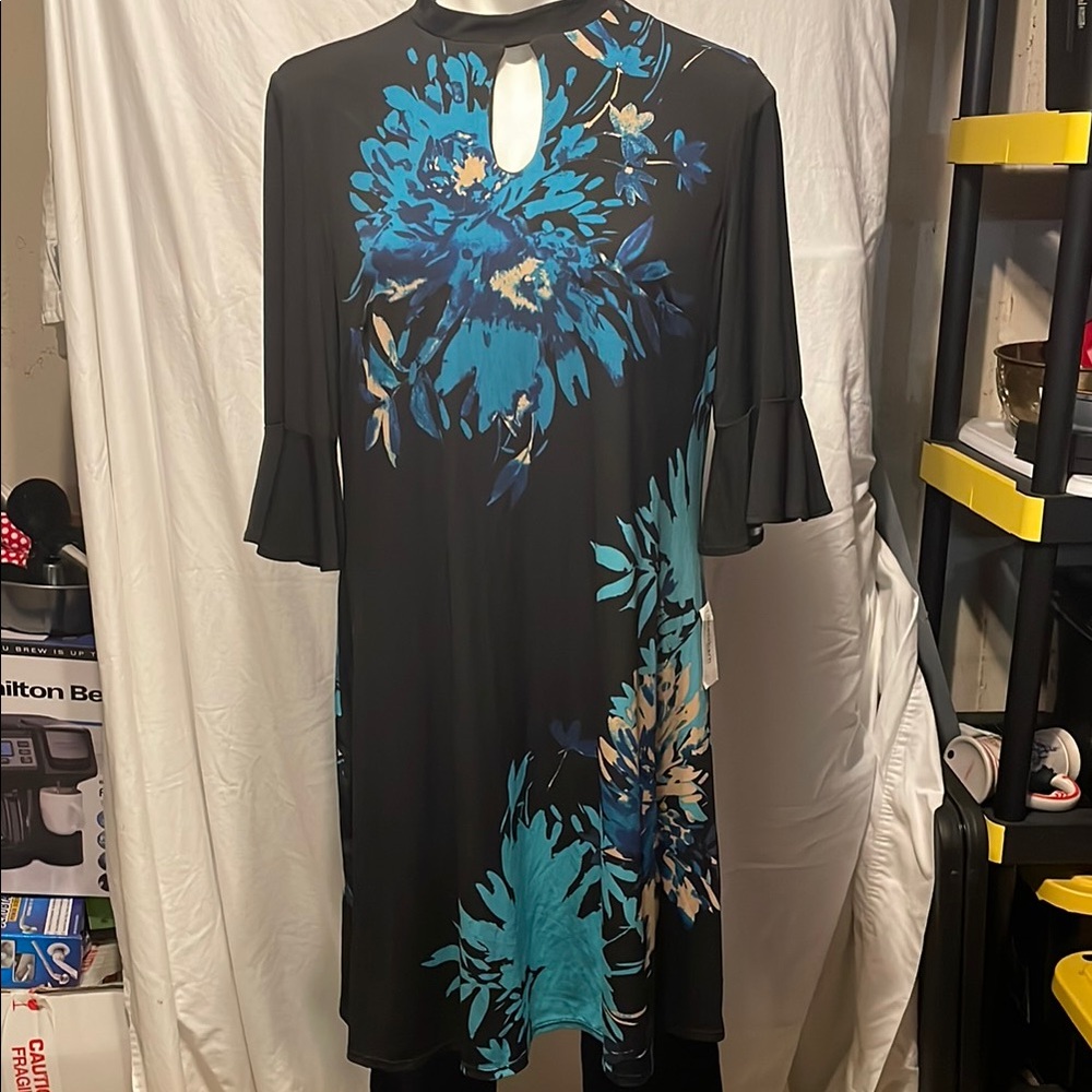 Roz & Ali Black Dress with Blue Floral Design